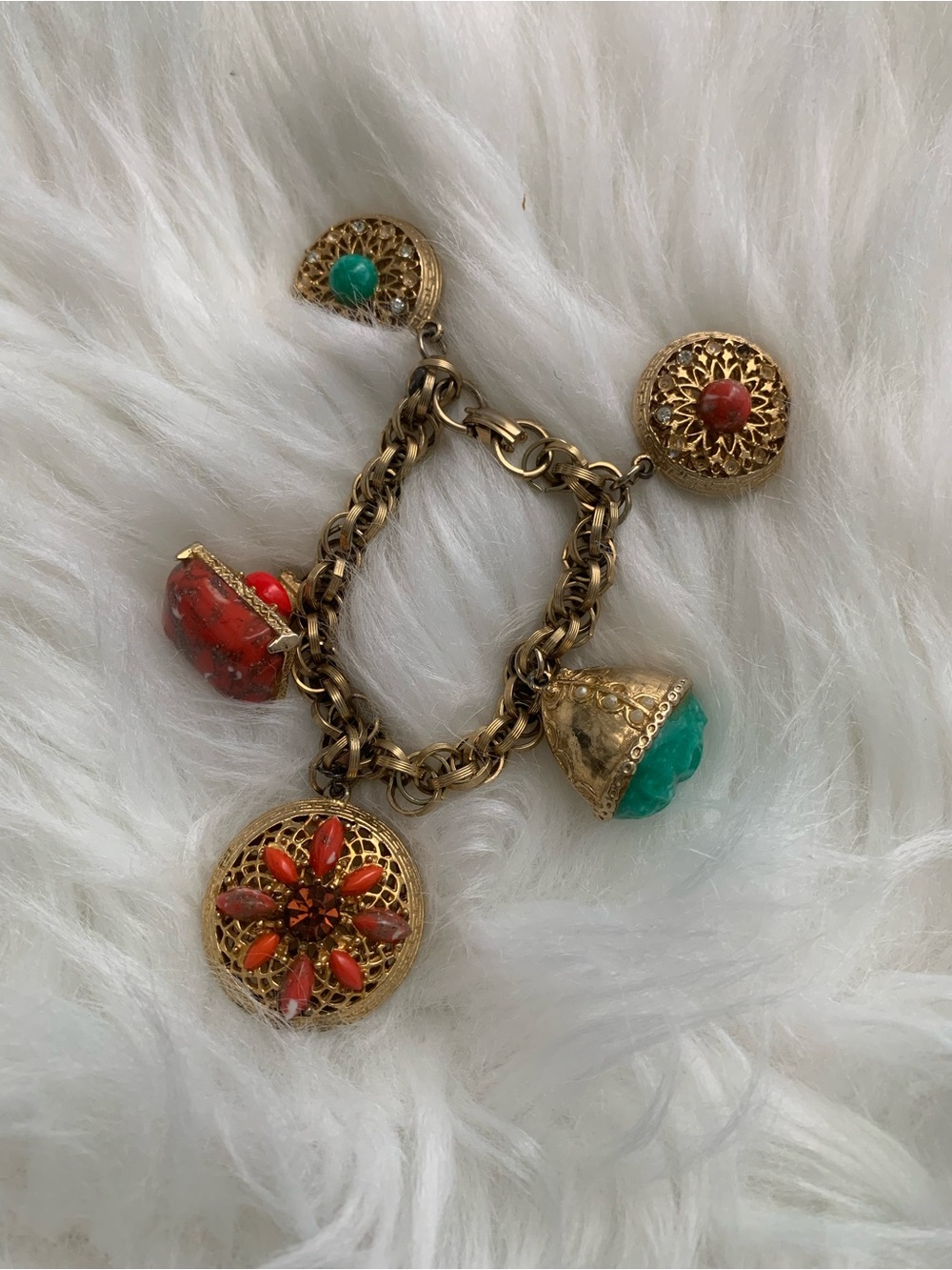 Vintage Gold-Tone Charm Bracelet with Red and faux Turquoise Accents